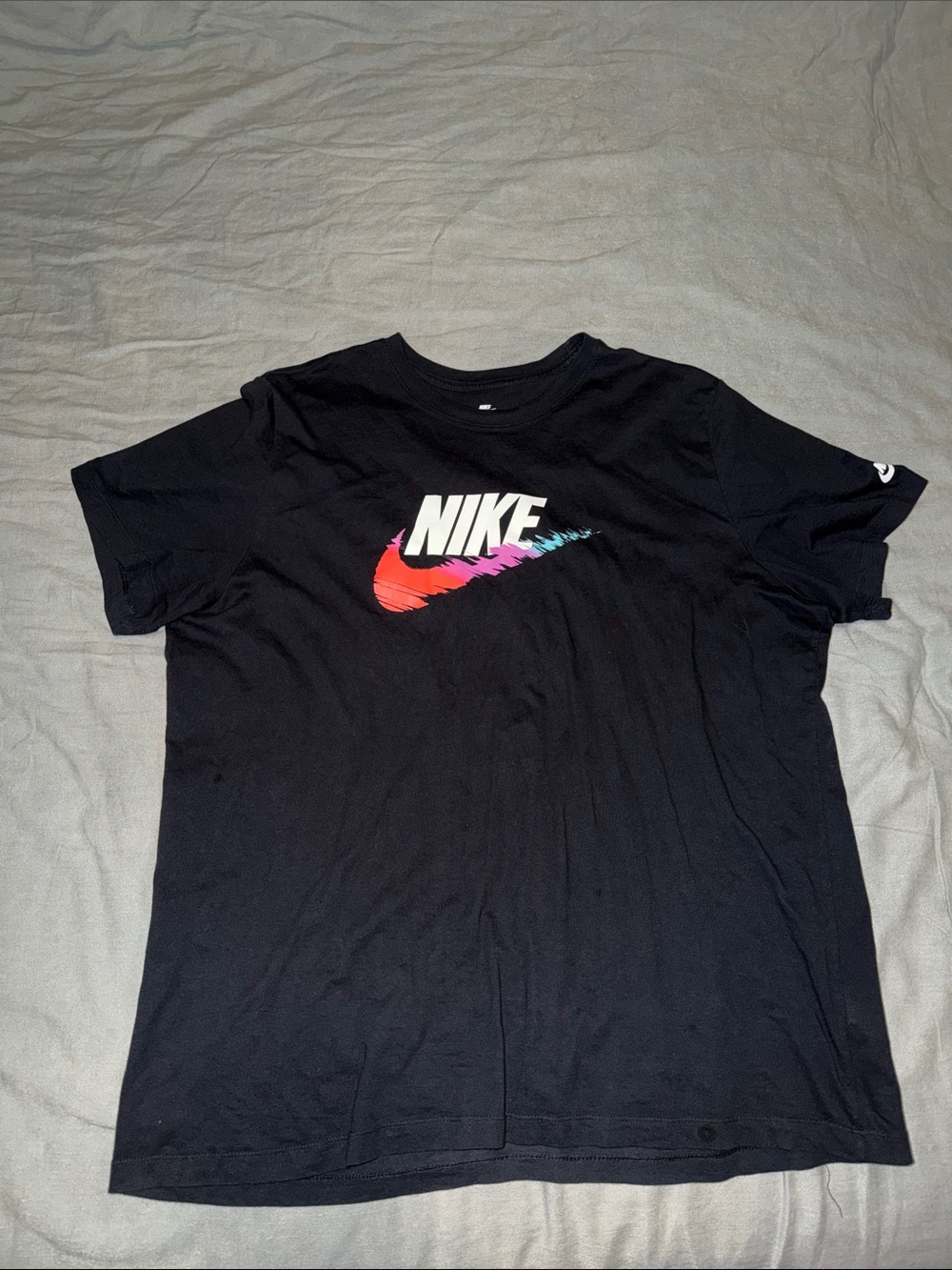 Nike Black T-Shirt with White Logo and Red-Pink-Blue Swoosh